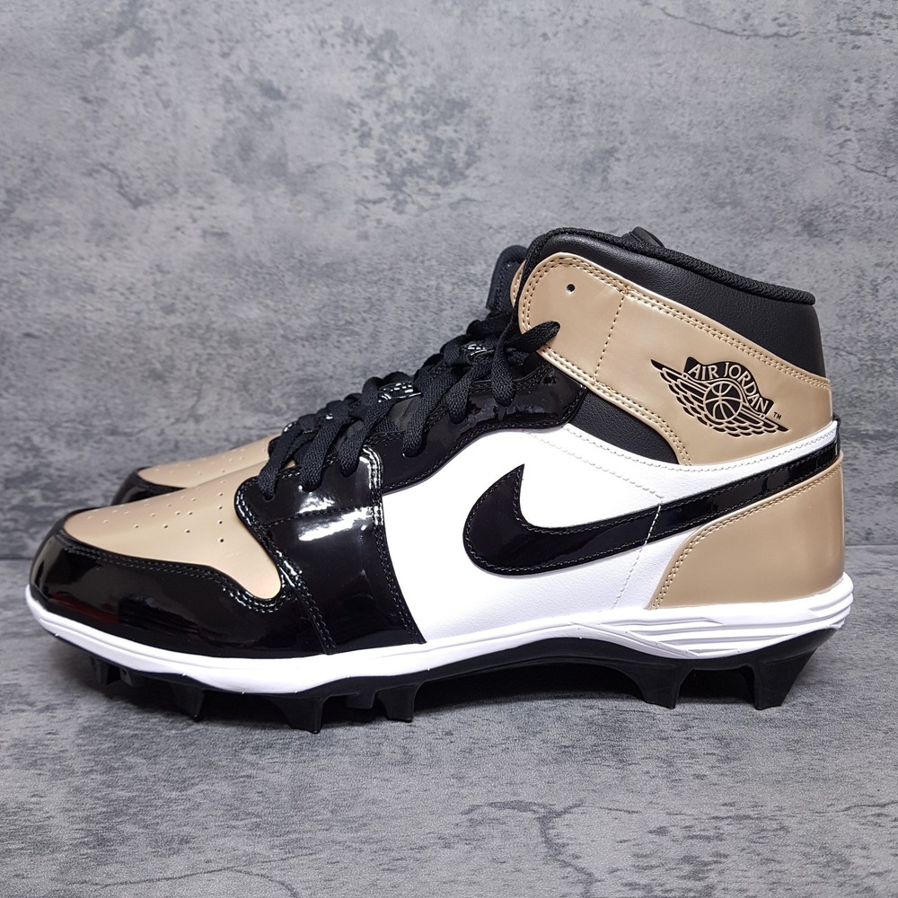 NIKE Air Jordan 1 Mid Football Cleats Mens 16 Patent Gold Toe Black Linemen